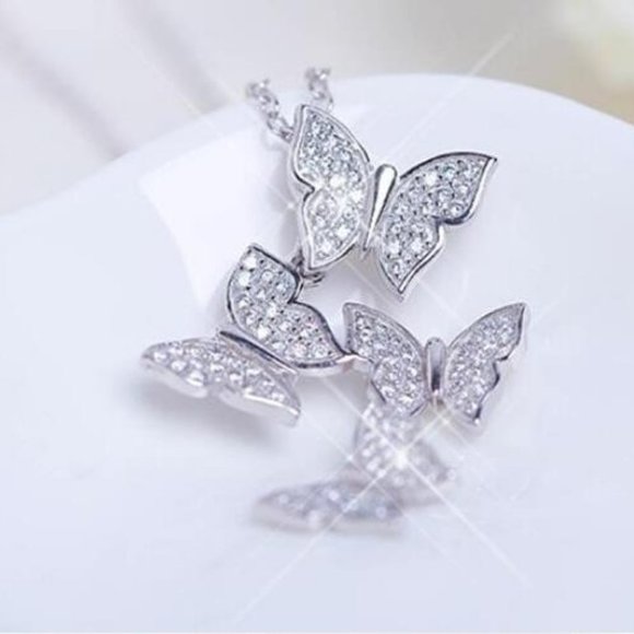 925 Sterling Silver Diamond Butterfly Necklace M - Picture 6 of 7